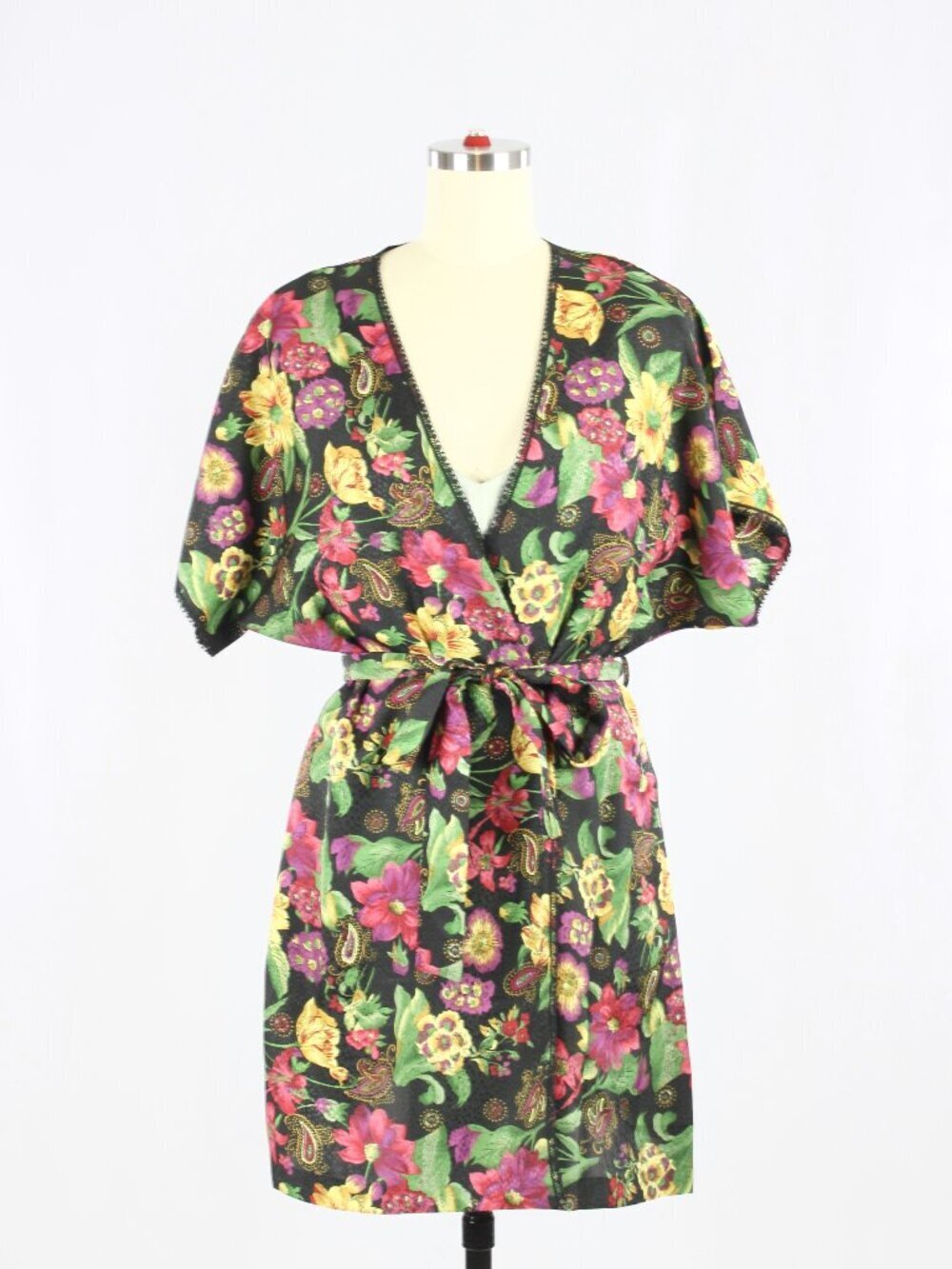 NWOT Vintage LINDA for LA VIE EN ROSE Black Floral Chiffon Kimono Robe, One Size